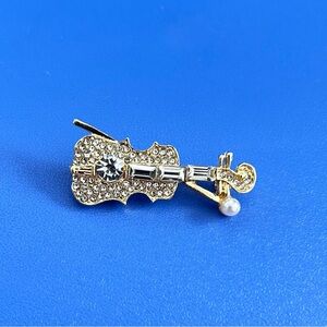 Gold and Silver Violin Brooch with Pearl Accent